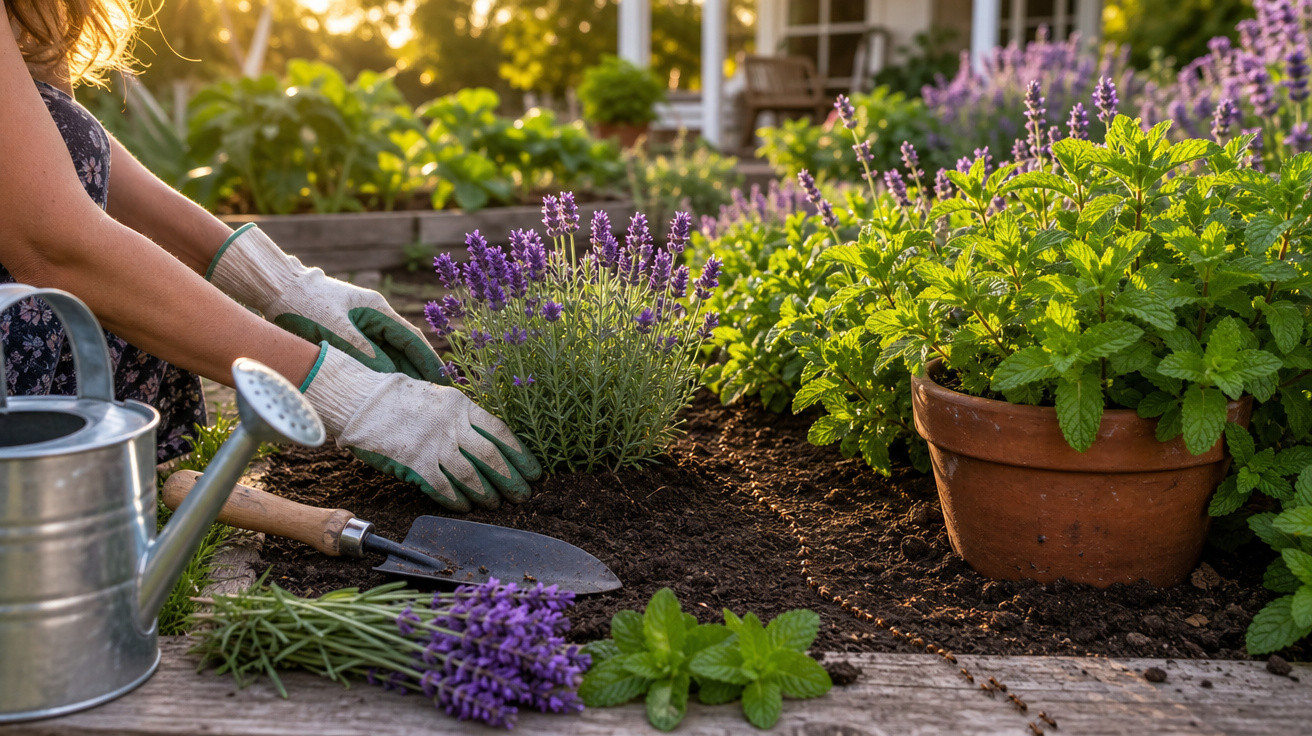 Pessoa usando luvas brancas cuidando de lavanda em canteiro de jardim ao pôr do sol.
