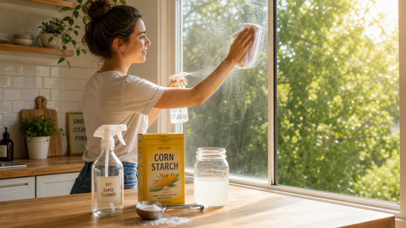 Mulher limpando janela com produto caseiro de amido de milho em cozinha iluminada pelo sol.