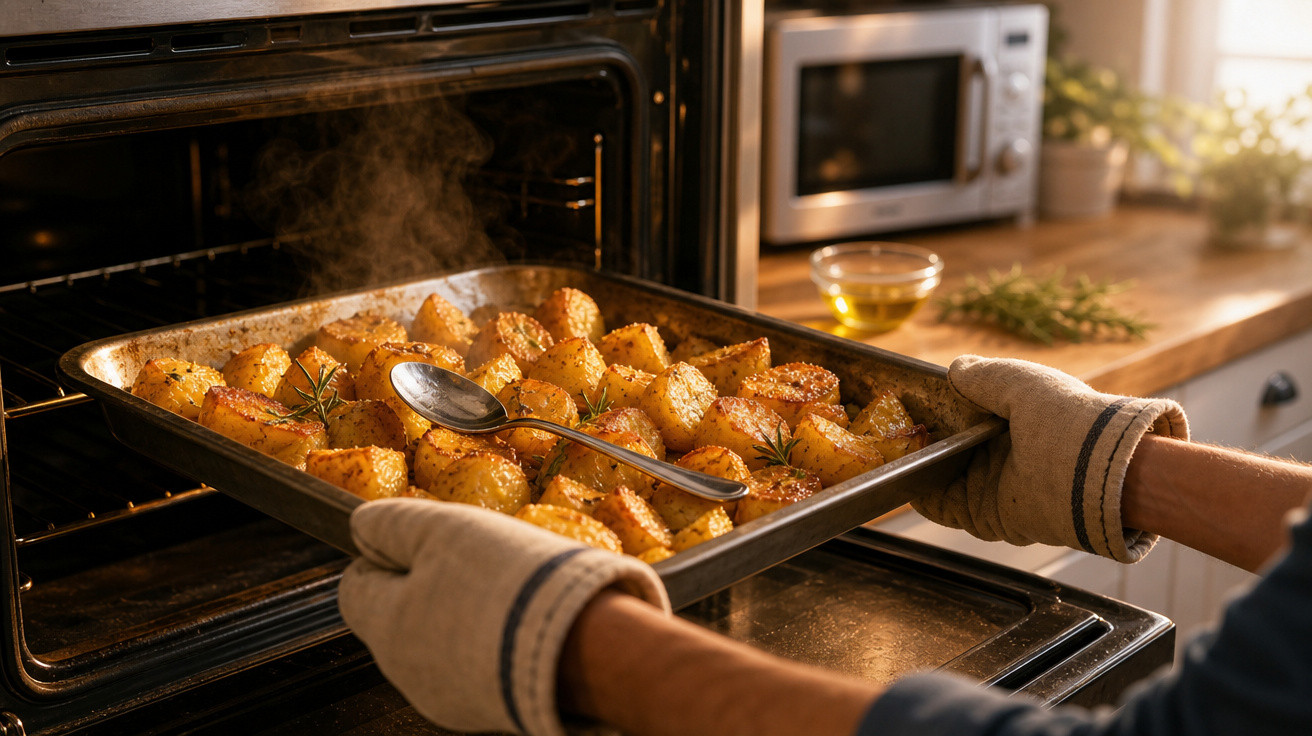 Pessoa com luvas de forno retirando assadeira com batatas douradas e temperadas de forno quente em cozinha iluminada.