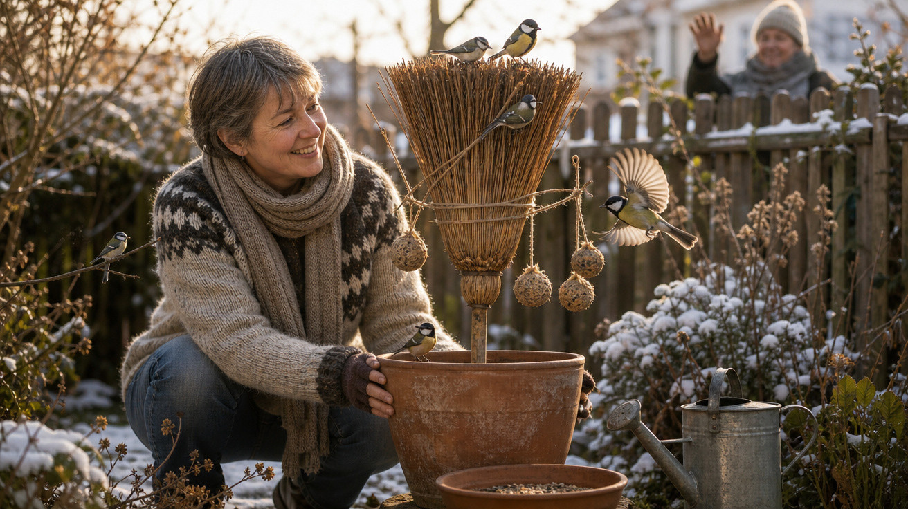 Pessoa sorrindo alimenta pássaros em jardim de inverno com plantas secas e regador ao lado.