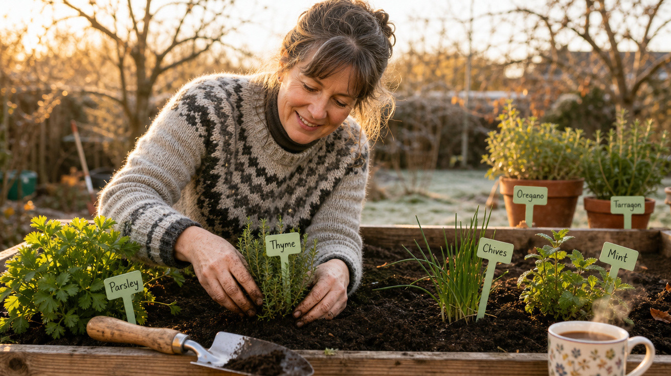 Mulher sorridente plantando ervas aromáticas em jardim elevado ao entardecer, com xícara de chá ao lado.