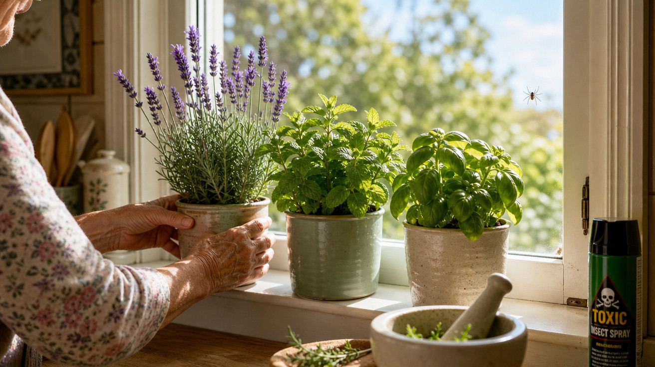 Pessoa idosa ajeitando vaso de plantas aromáticas na janela com inseticida e aranha no vidro.