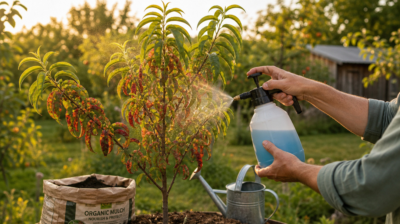 Pessoa aplicando pesticida em planta com folhas doentes em jardim ao pôr do sol.