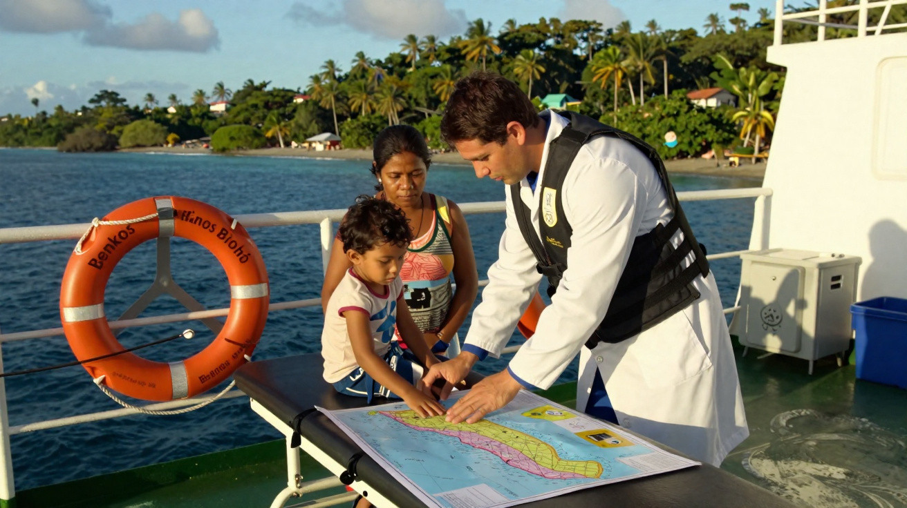 Homem de colete salva-vidas mostrando mapa para mãe e criança em barco com mar e vegetação ao fundo.