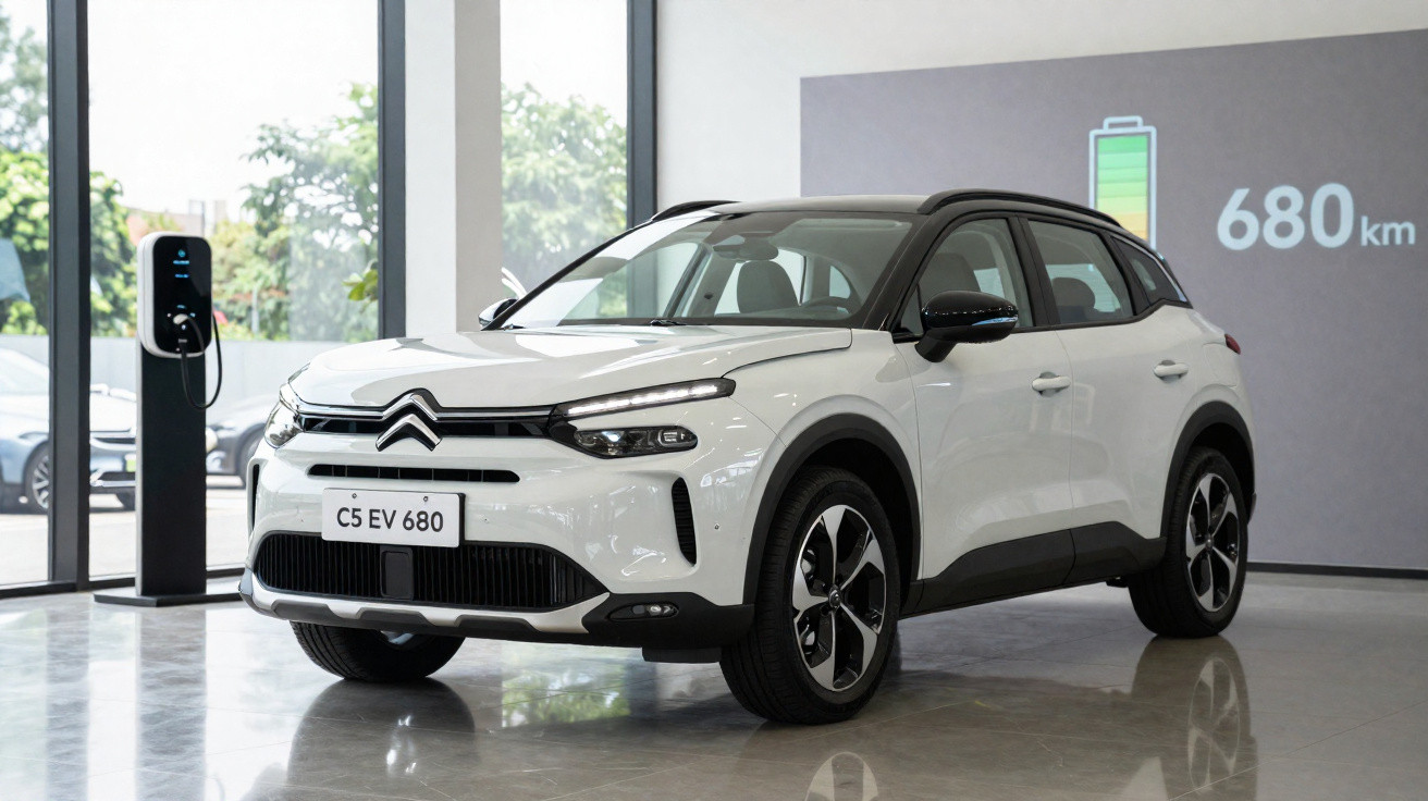 Carro elétrico branco Citroën C5 EV 680 estacionado em showroom com tela mostrando autonomia de 680 km.
