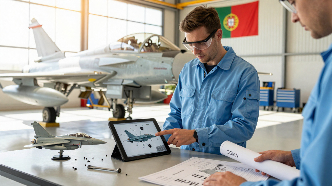 Homens com macacão azul analisam projeto de aeronave em tablet dentro de hangar com jato ao fundo.