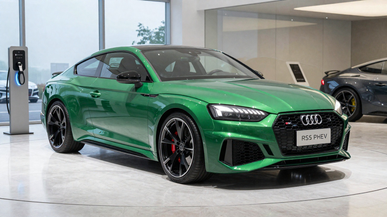 Carro esportivo verde Audi RS5 PHEV estacionado em showroom com estação de recarga elétrica ao lado.
