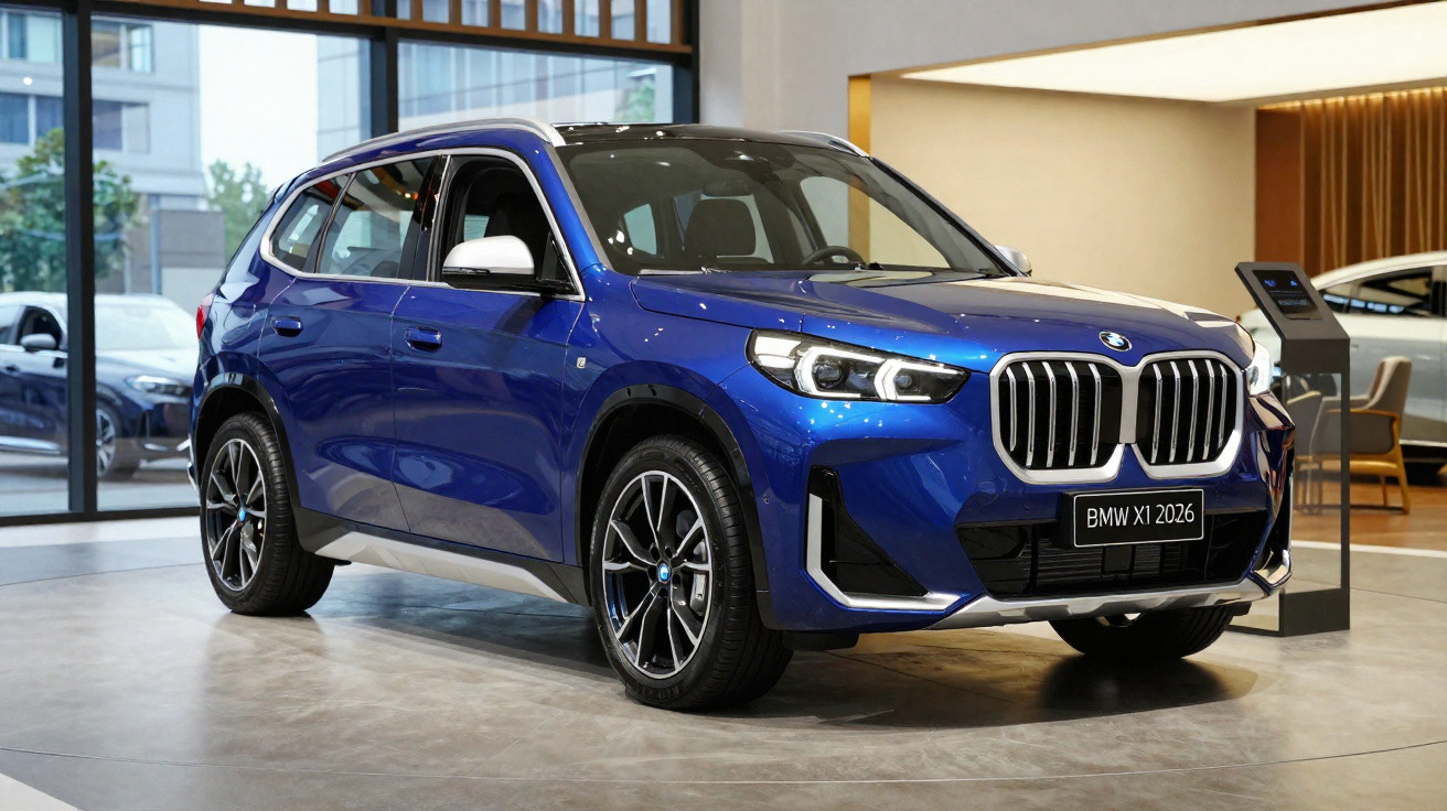 Carro BMW X1 2026 azul em exposição dentro de showroom moderno com piso claro.