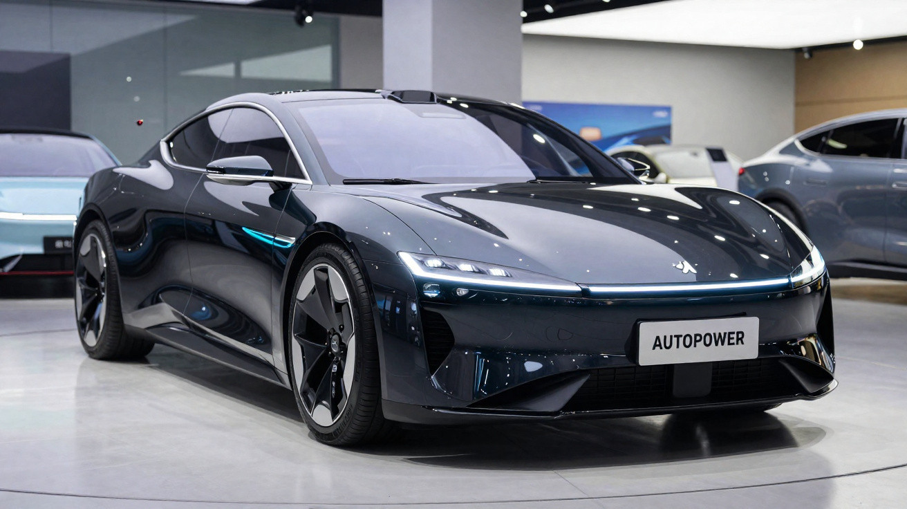 Carro elétrico esportivo de cor preta exibido em salão de automóveis com iluminação interna.
