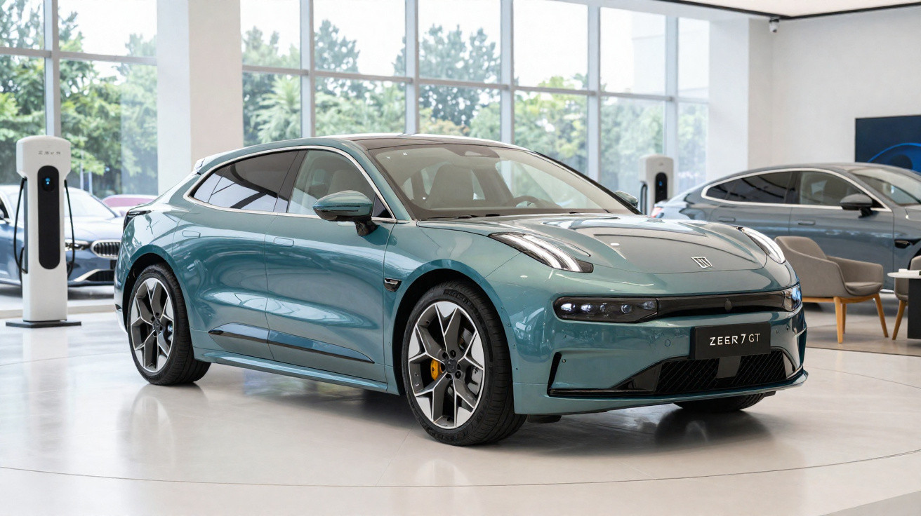 Carro elétrico azul Zeer 7 GT em showroom moderno com grandes janelas e carregador ao fundo.