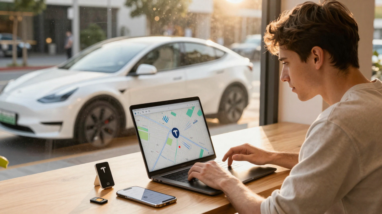 Jovem usa laptop com mapa da Tesla enquanto um carro branco elétrico está estacionado do lado de fora.