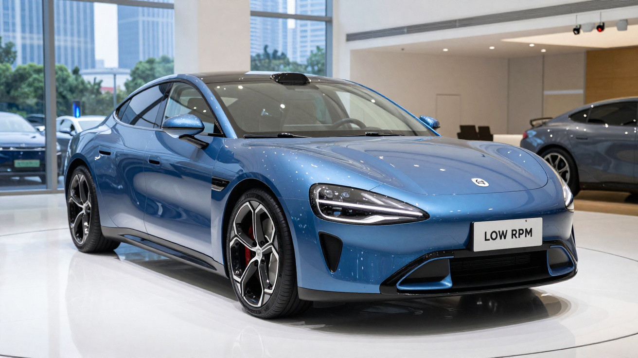 Carro esportivo elétrico azul em exposição interna com placa dianteira escrita LOW RPM.
