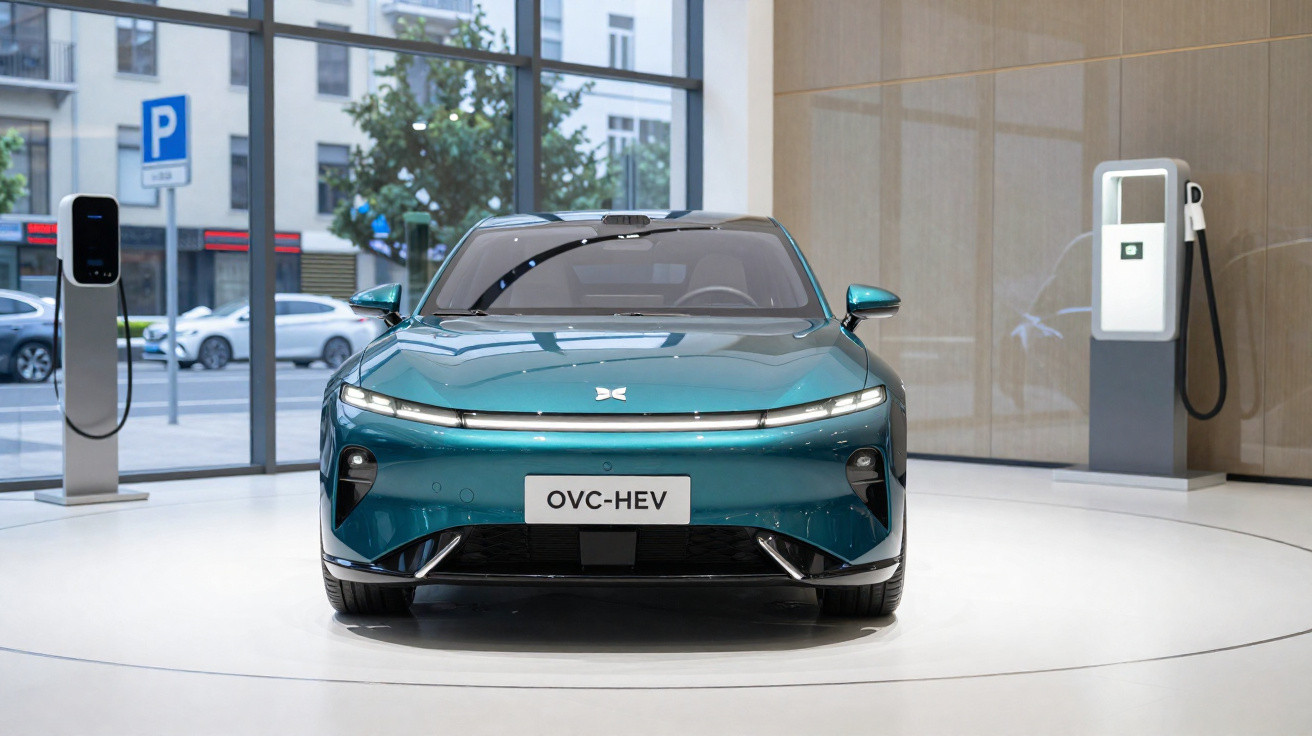 Carro elétrico azul exibido em showroom moderno com duas estações de recarga ao fundo.