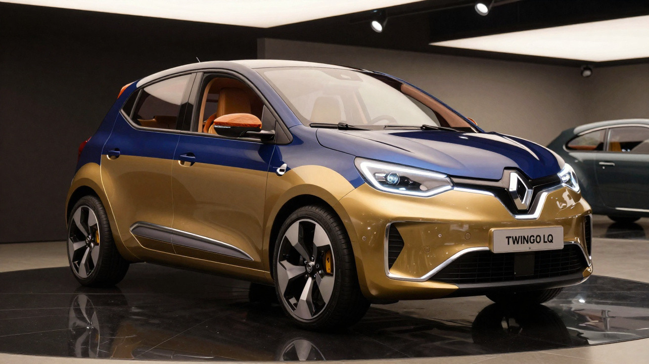 Carro Renault Twingo LQ em duas cores, azul e dourado, exibido em ambiente interno moderno.
