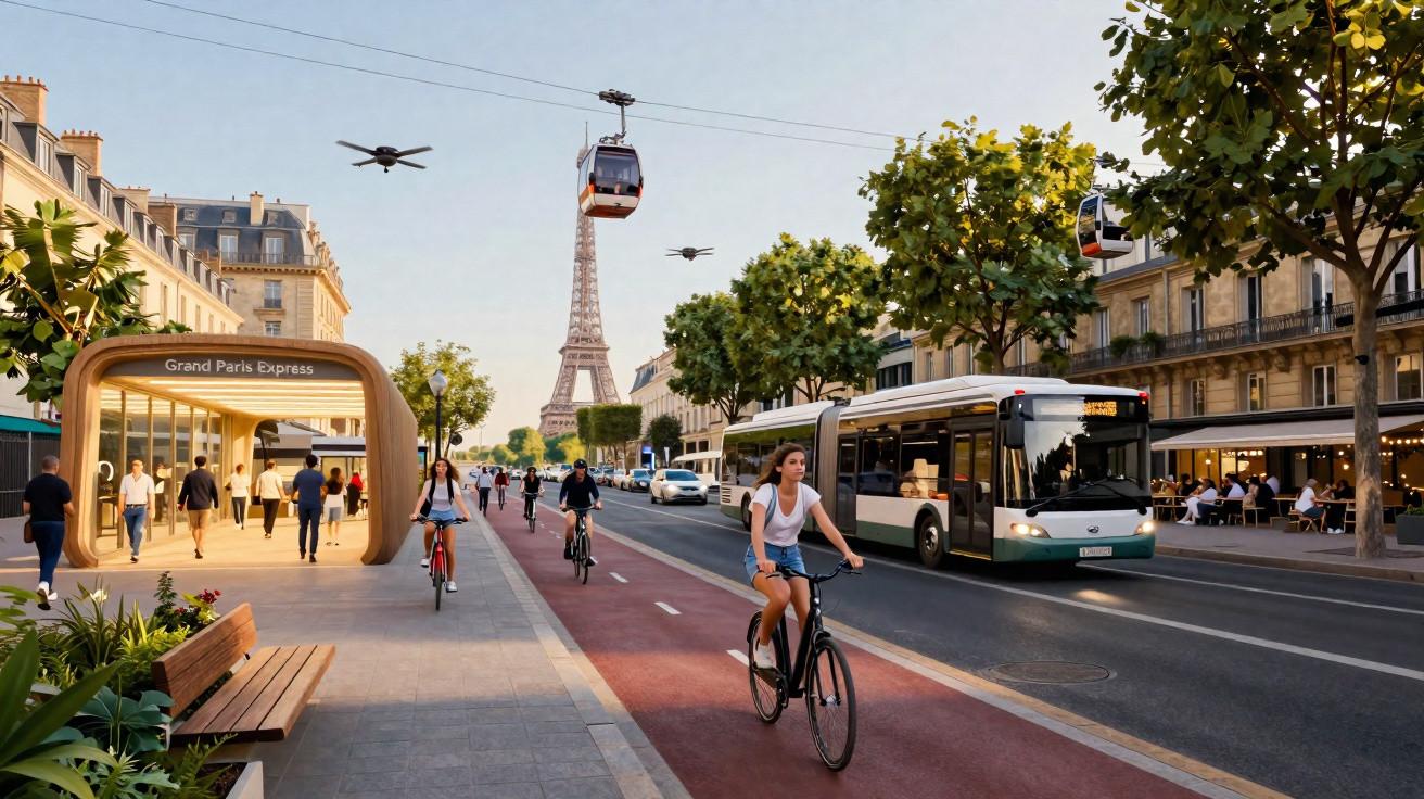 Ciclistas, ônibus e drones em avenida de Paris com Torre Eiffel ao fundo e estação do Grand Paris Express.