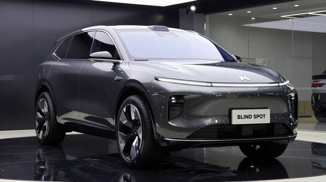 Carro elétrico SUV cinza estacionado em ambiente interno, com design moderno e faróis finos.