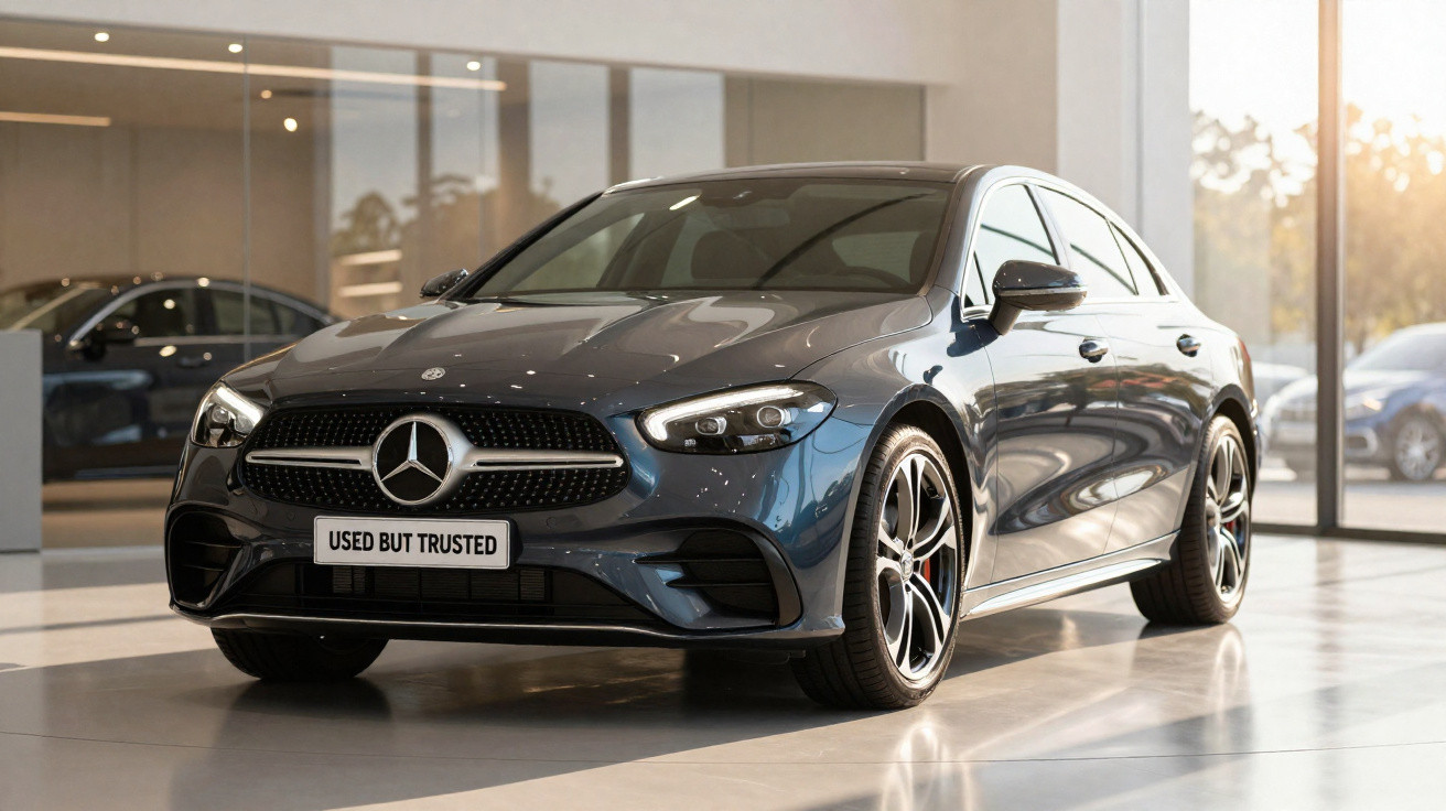 Carro Mercedes-Benz sedã cinza metálico exibido em showroom com placa "Used But Trusted".