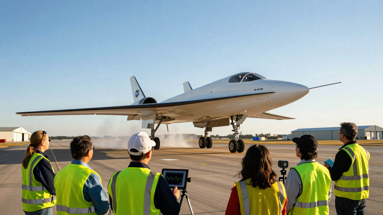 Avião X-59 da NASA pousando na pista com equipe técnica observando e monitorando dados ao redor.
