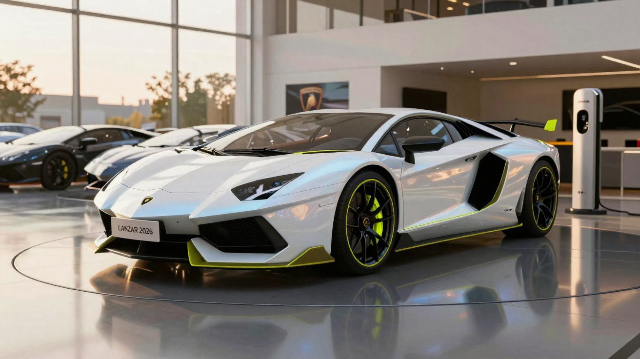 Carro esportivo Lamborghini branco com detalhes verde-limão em exposição em showroom moderno.
