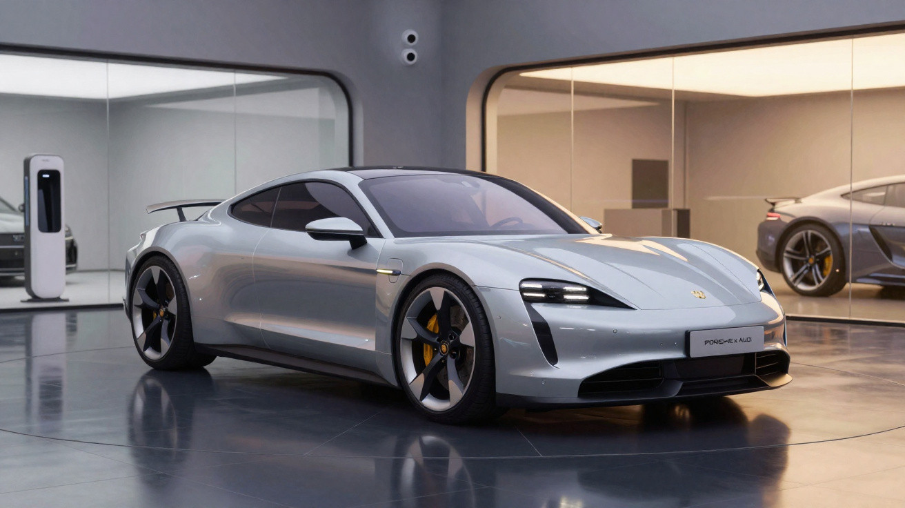 Carro esportivo elétrico prata Porsche Taycan Turbo S em showroom moderno com piso refletivo.