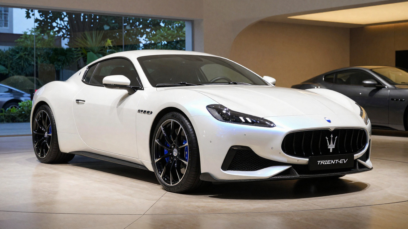 Carro esportivo Maserati Trident-EV branco exibido em showroom com rodas pretas e detalhes azuis.