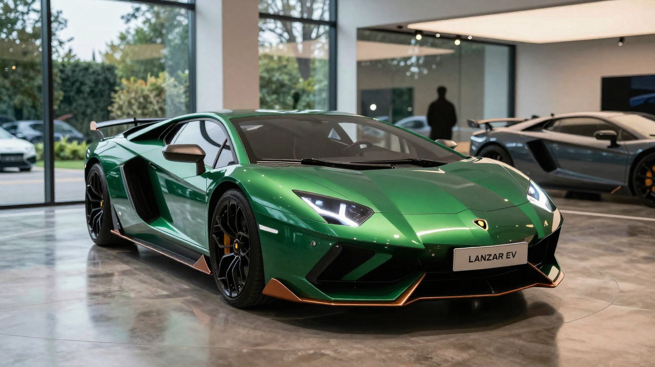Carro esportivo Lamborghini verde com detalhes em cobre exibido em showroom moderno.