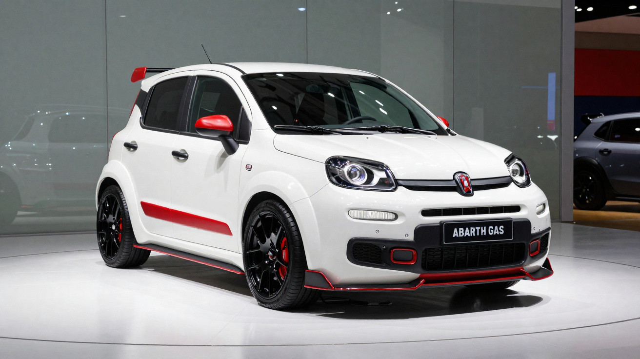 Carro esportivo Fiat Abarth Gas branco com detalhes vermelhos exposto em salão automotivo.