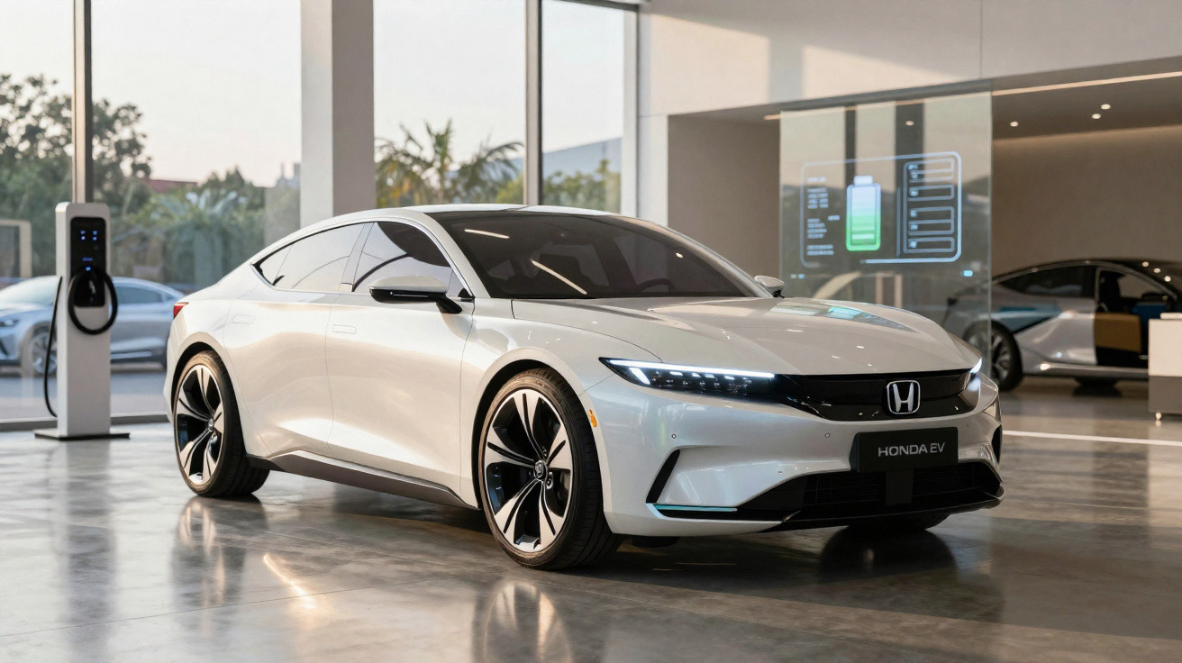Carro elétrico Honda EV branco estacionado em showroom moderno com carregador ao fundo.