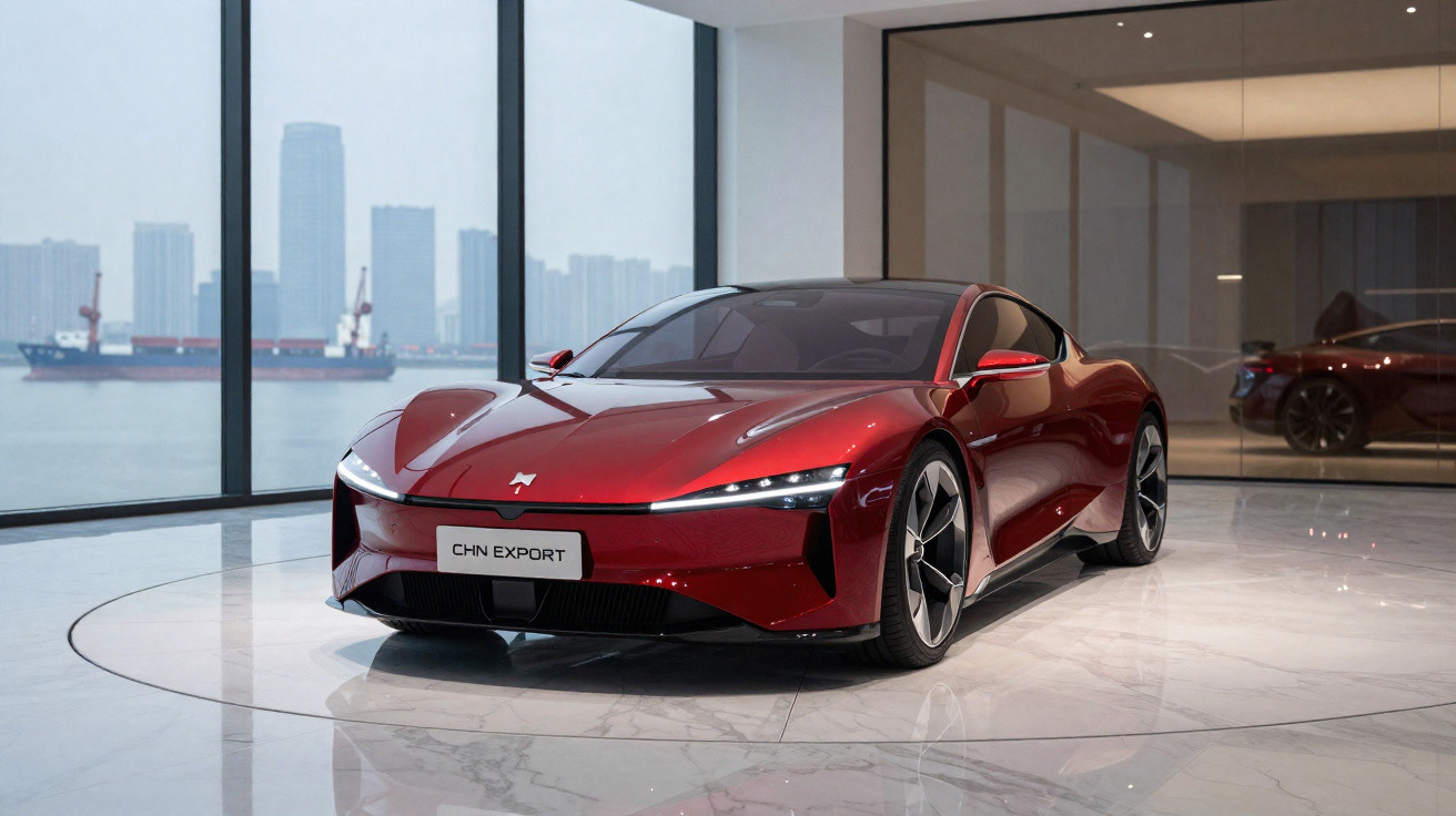 Carro esportivo elétrico vermelho brilhante exibido em showroom com fundo de cidade e navios no porto.