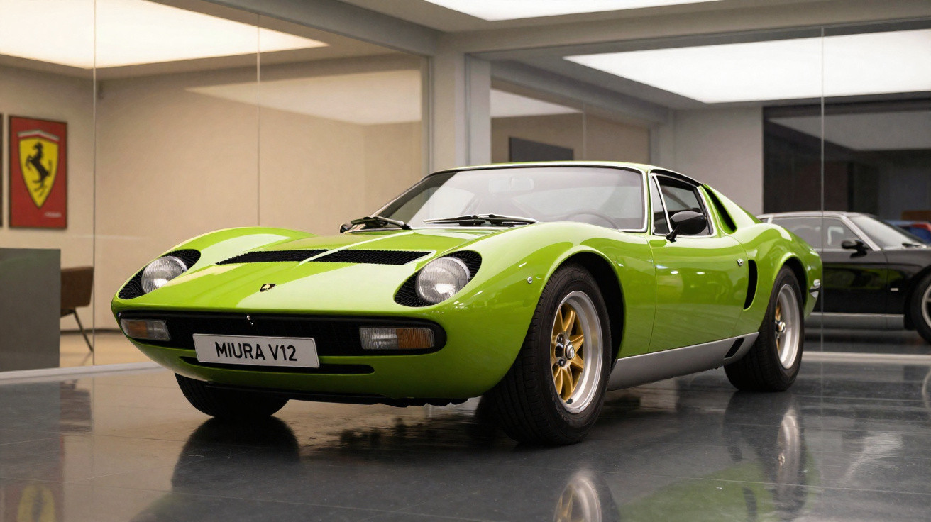 Carro esportivo clássico Lamborghini Miura V12 verde em exposição interna com piso refletivo.