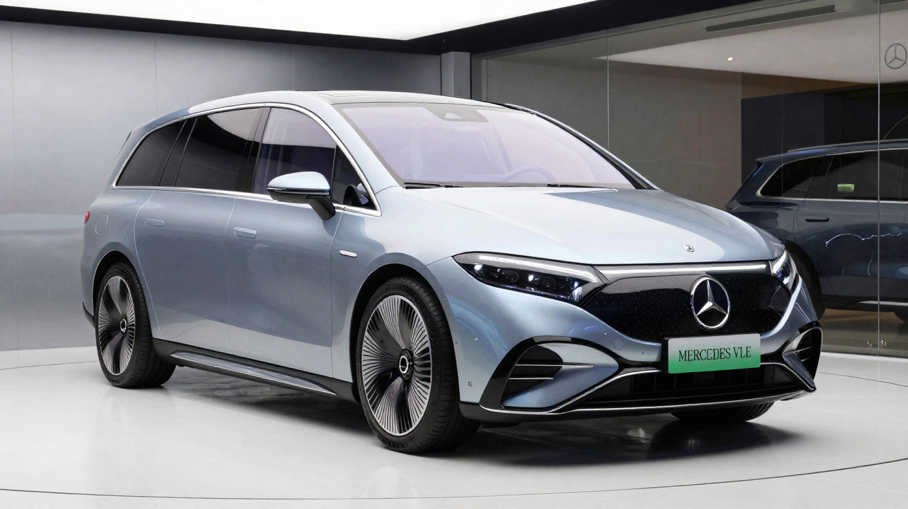 Carro elétrico Mercedes-Benz VLE prata exibido em ambiente interno moderno e iluminado.