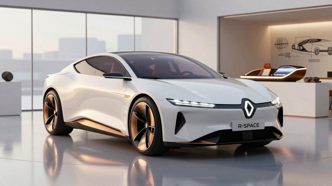 Carro elétrico conceitual branco Renault R-Space em ambiente moderno de showroom com design futurista.