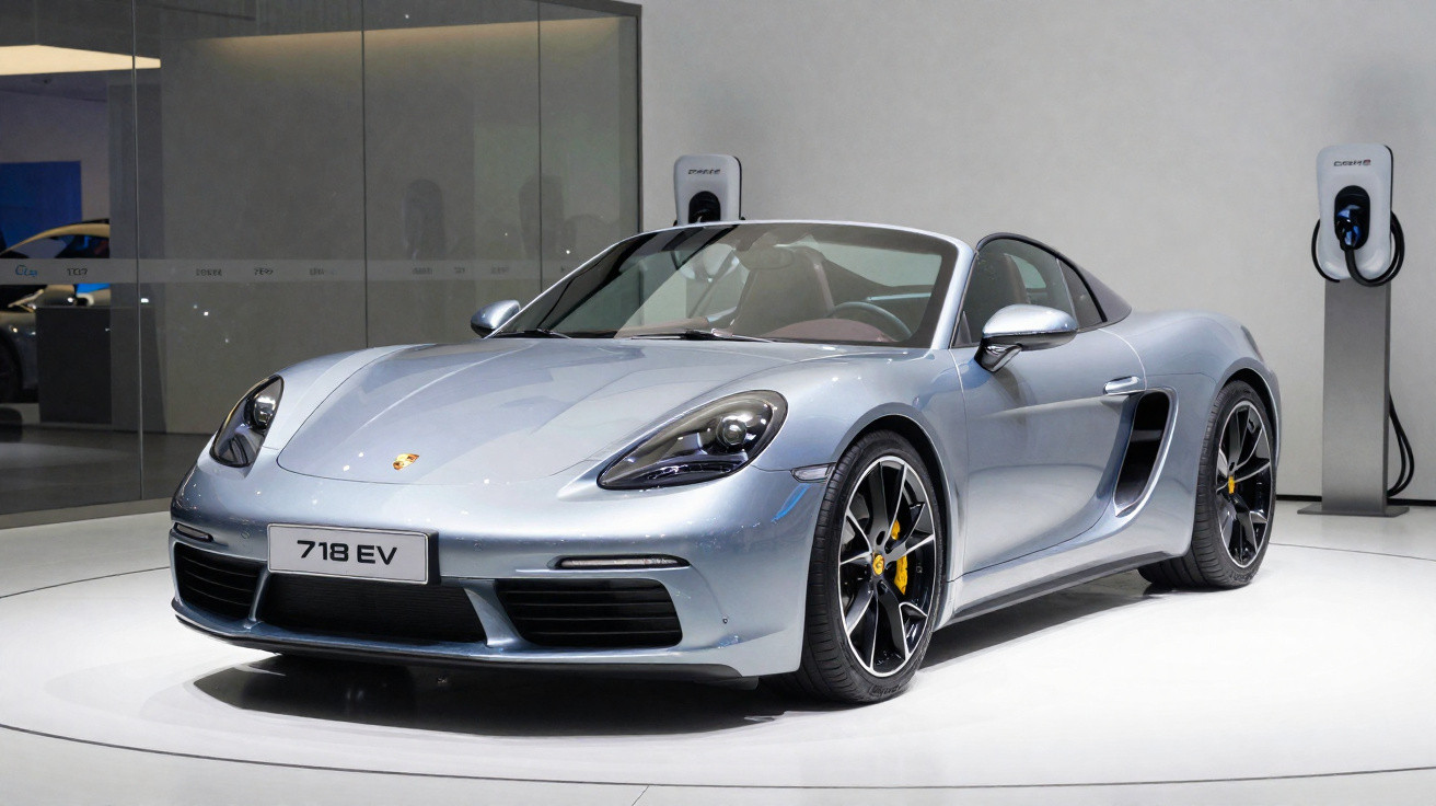 Carro esportivo prata Porsche 718 EV exposto em ambiente moderno com carregadores elétricos ao fundo.
