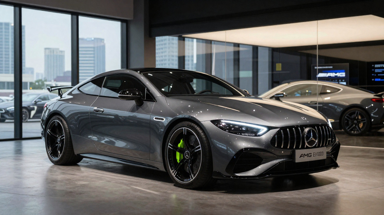 Carro esportivo cinza Mercedes-AMG EV1000 em showroom moderno com rodas pretas e freios verdes.