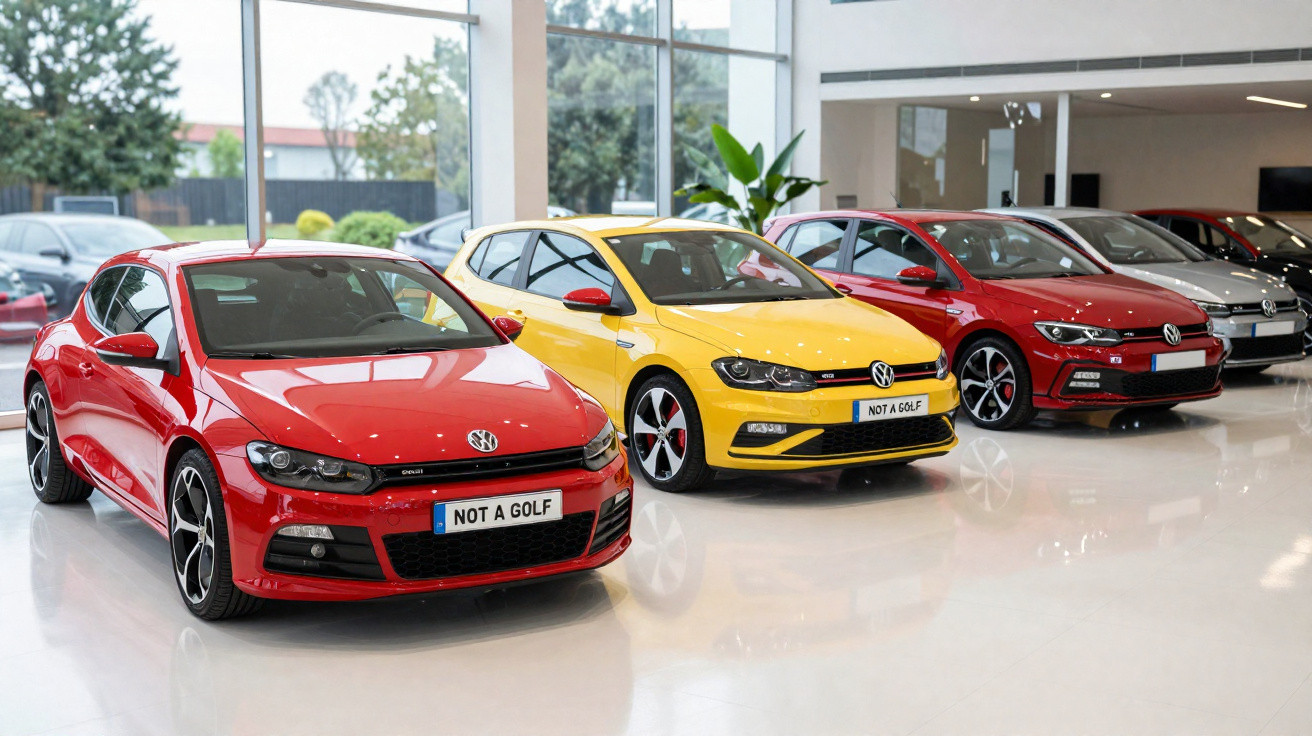 Carros Volkswagen vermelho, amarelo e vermelho escuro exibidos em showroom moderno e iluminado.
