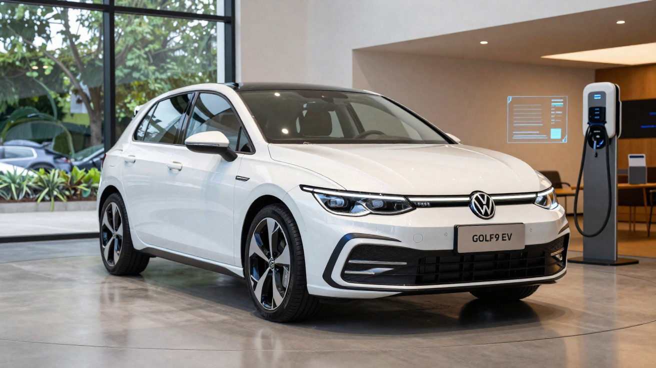 Carro elétrico branco Volkswagen Golf 9 EV exibido em showroom com estação de recarga ao lado.