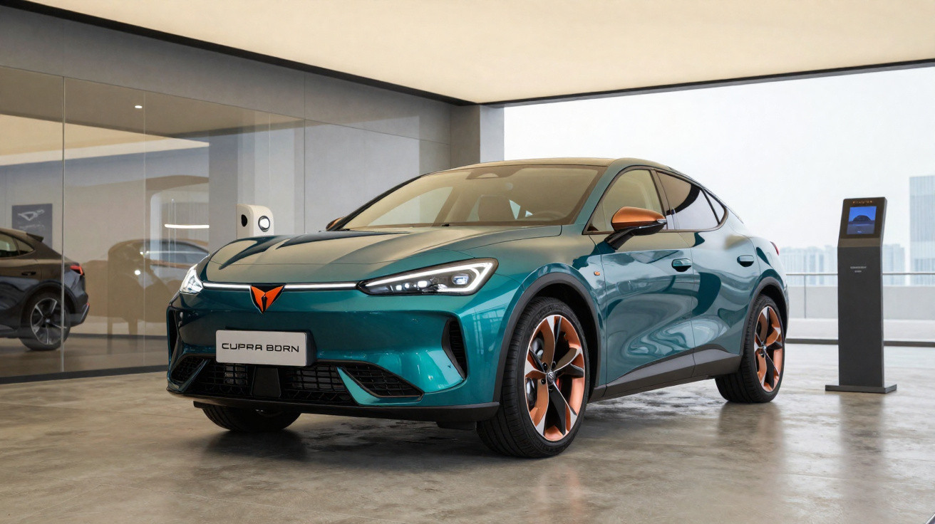 Carro elétrico Cupra Born verde com detalhes em bronze estacionado em garagem moderna e iluminada.
