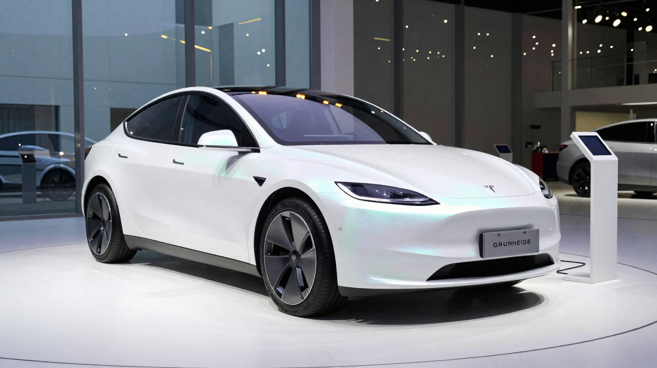 Carro elétrico Tesla branco exposto em showroom com iluminação moderna e chão branco.
