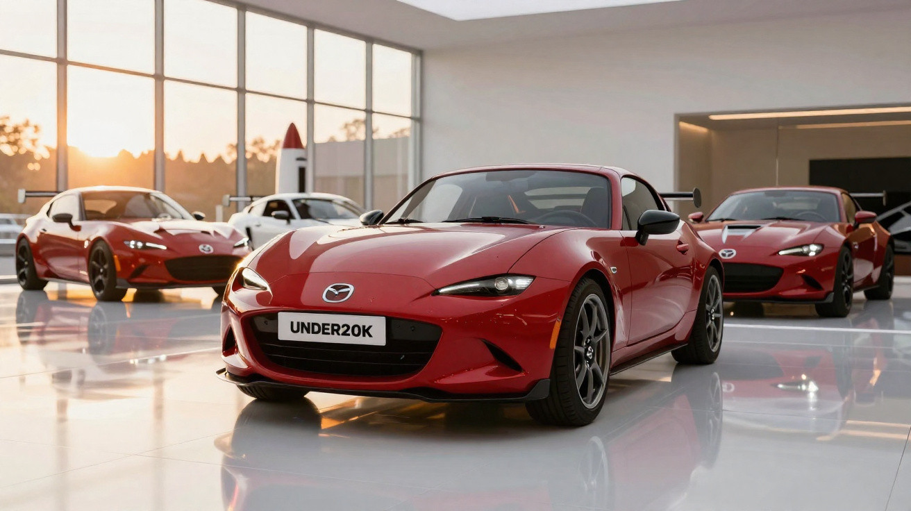 Carros esportivos Mazda MX-5 vermelhos expostos em showroom com piso branco e janelas amplas.