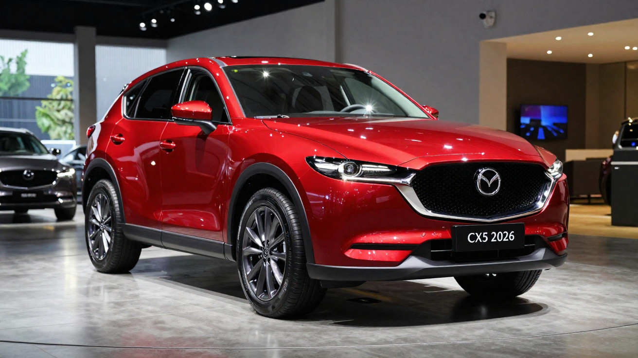 SUV vermelho Mazda CX-5 2026 exposto em showroom com iluminação interna destacando o veículo.