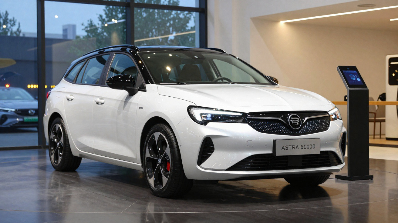 Carro branco elétrico Astra 50000 exposto em showroom moderno, com teto preto e rodas esportivas.