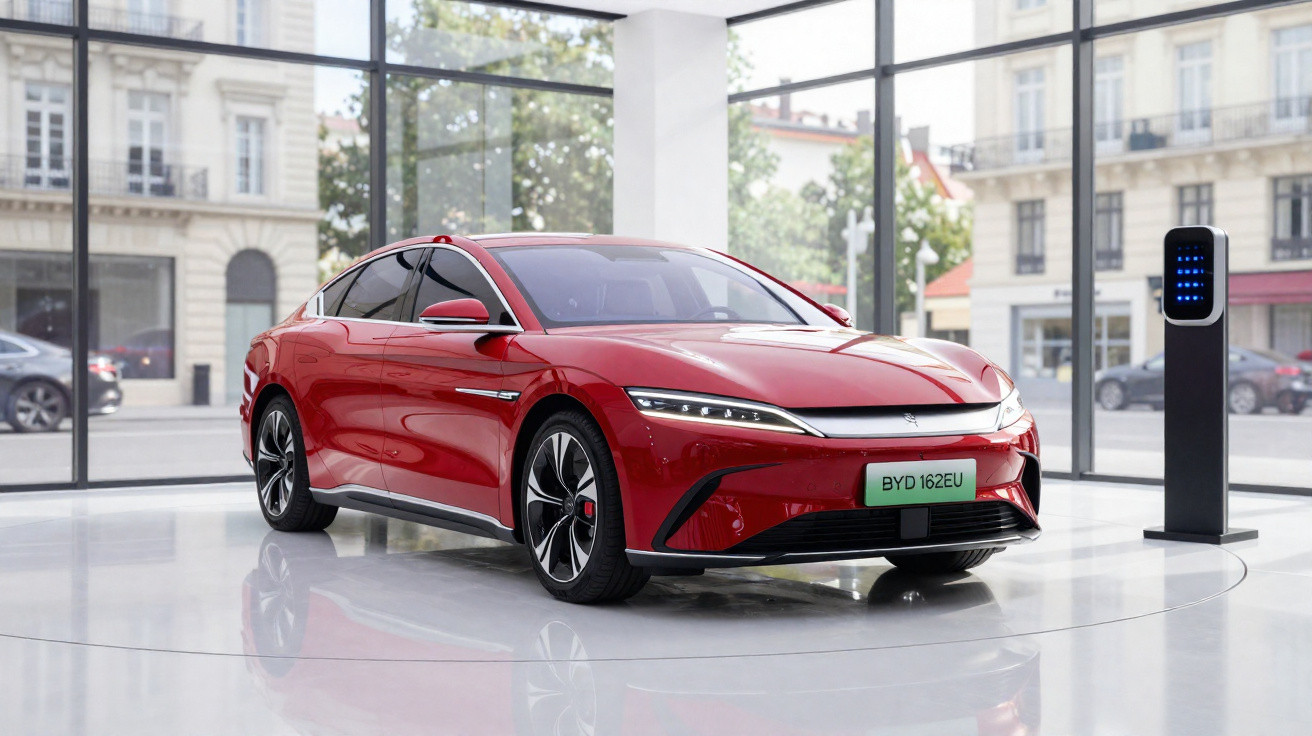 Carro elétrico vermelho estacionado em showroom moderno com paredes de vidro e carregador ao lado direito.