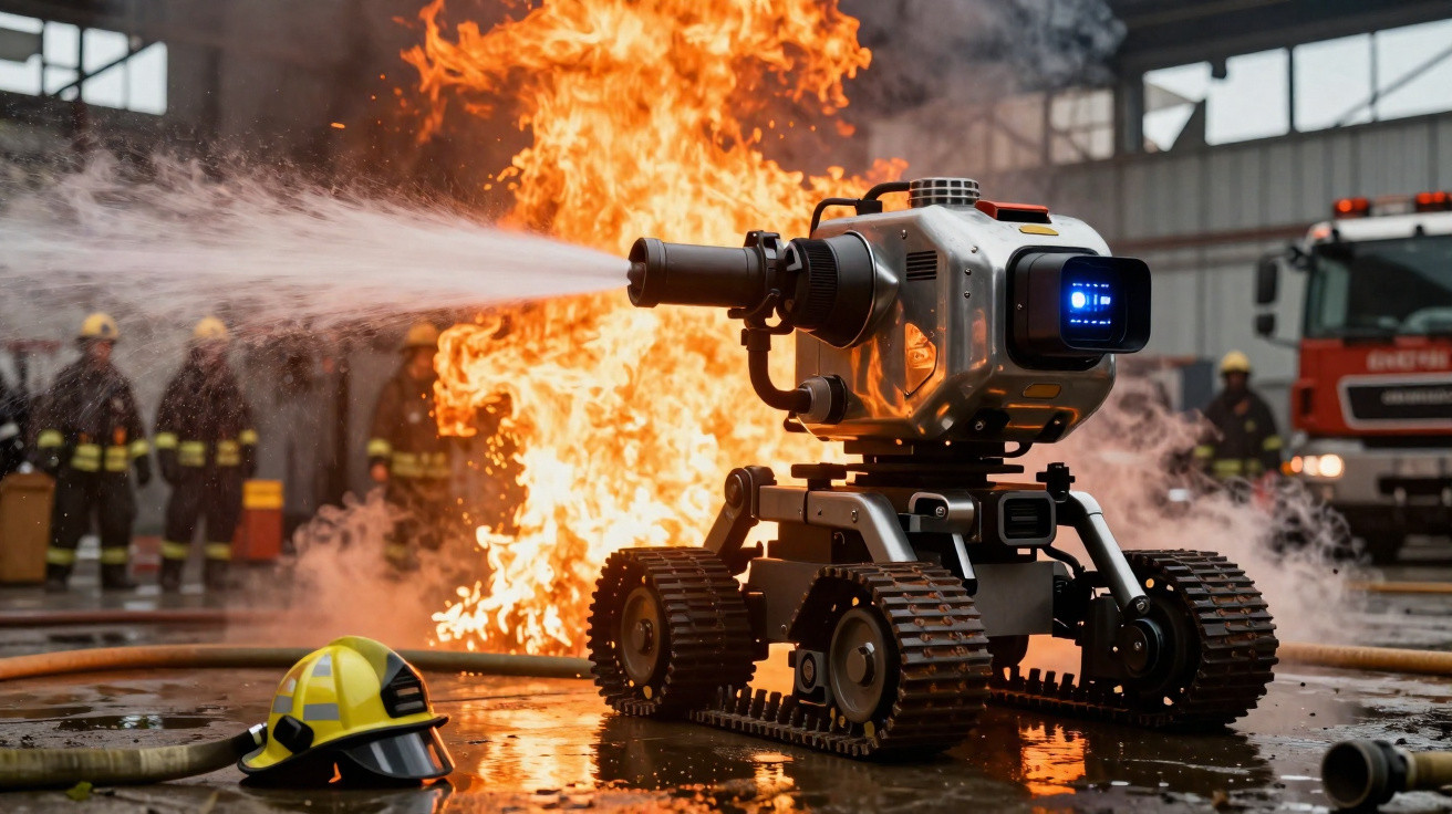 Robô equipado com mangueira combatendo fogo em ambiente industrial com bombeiros ao fundo.