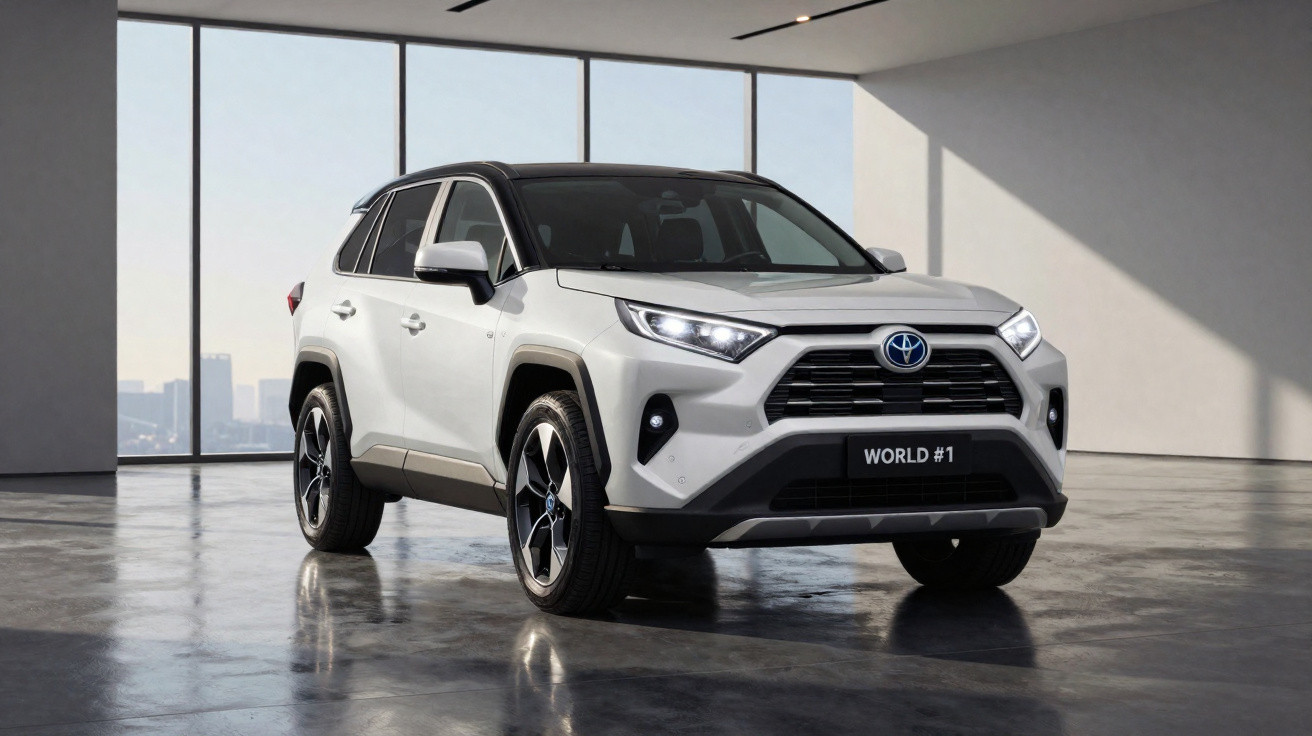 SUV Toyota branco com teto preto estacionado em galpão com janelas amplas, placa WORLD #1.