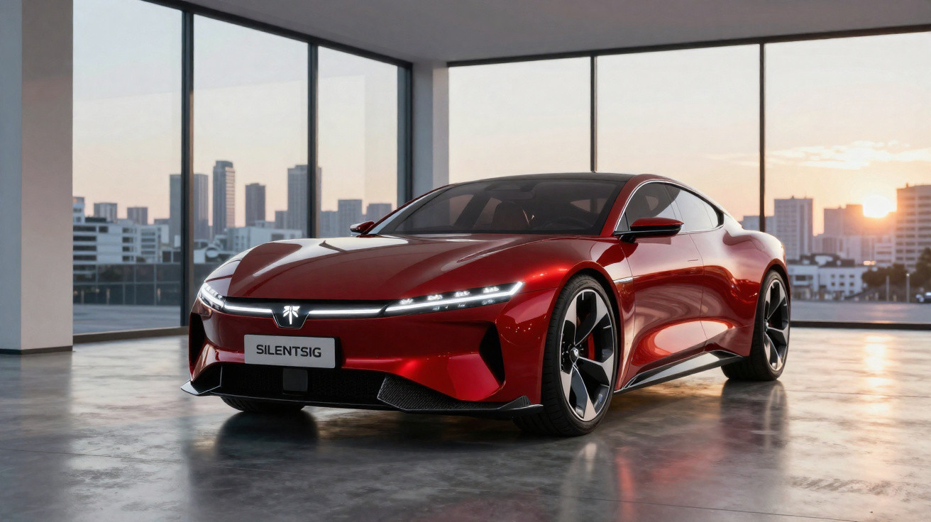 Carro esportivo elétrico vermelho estacionado em garagem com janelas grandes e vista da cidade ao pôr do sol.