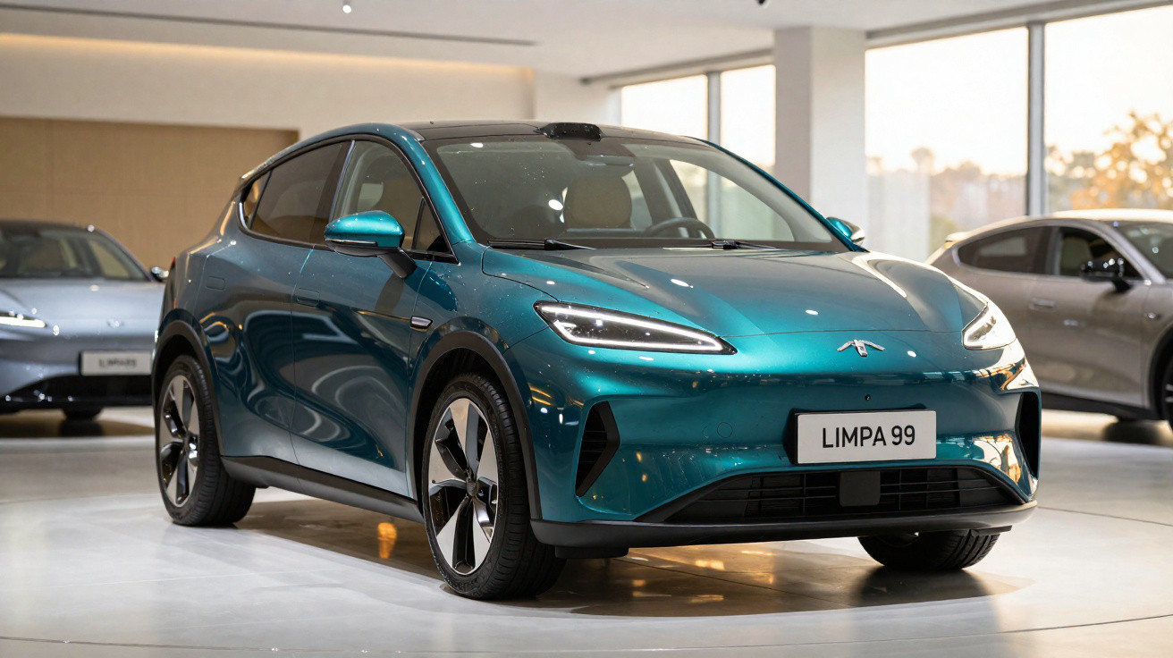 Carro elétrico azul turquesa em exposição interna com design moderno e placa personalizada "LIMPA 99".