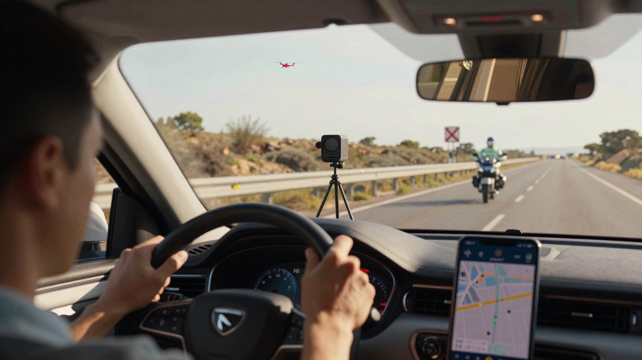 Motorista dirigindo com câmera em tripé no painel e drone voando à frente na estrada.