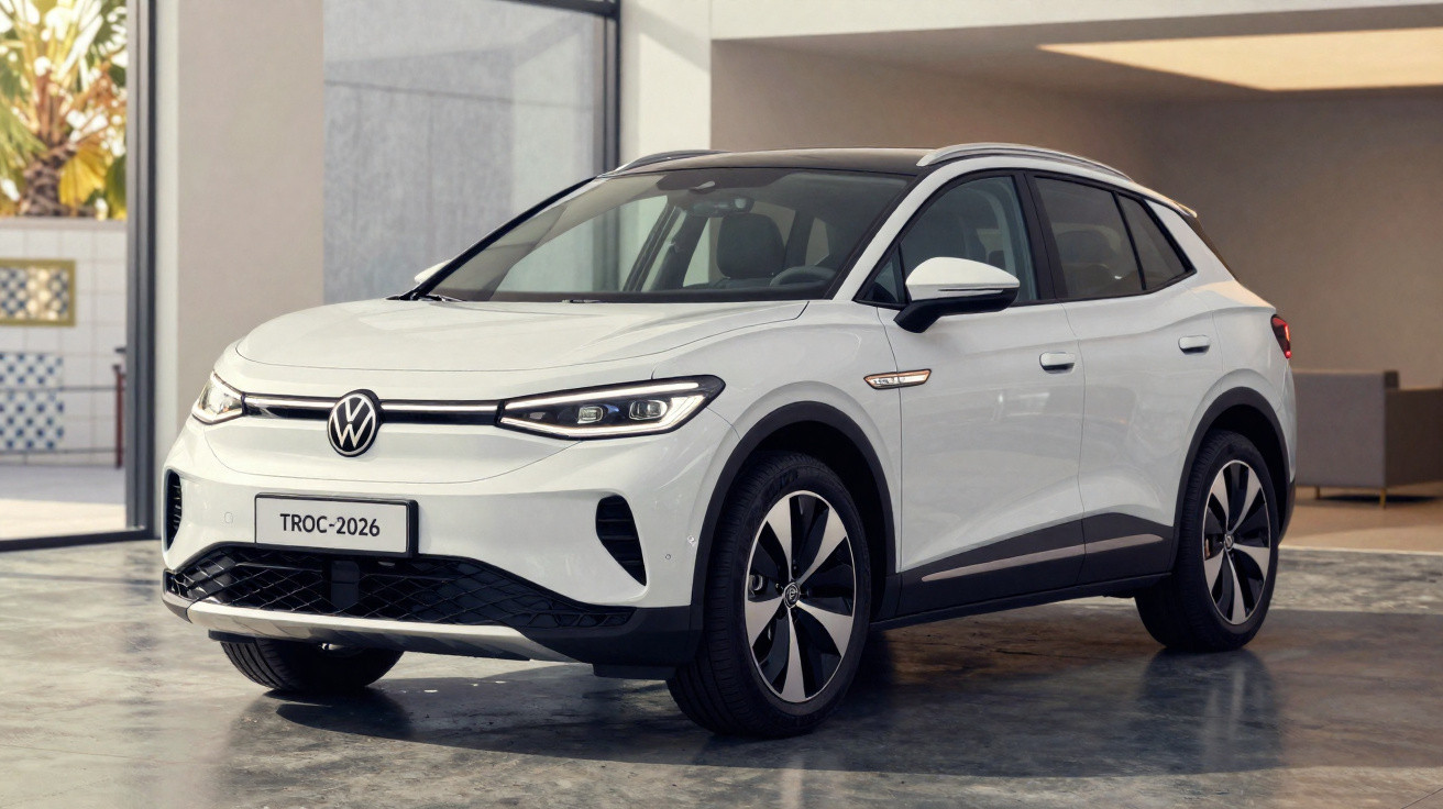 Carro elétrico Volkswagen T-Roc 2026 branco em garagem com design moderno e rodas grandes.