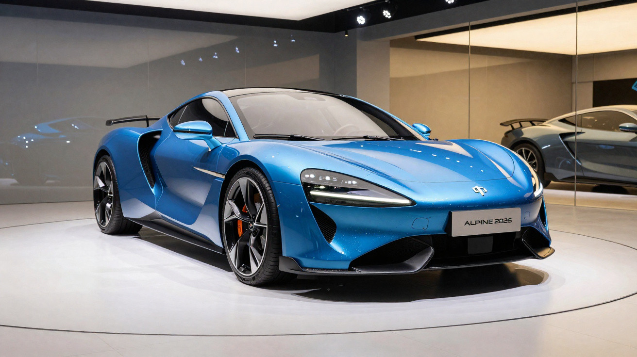 Carro esportivo azul Alpine 2026 exibido em ambiente moderno com espelhos ao fundo.