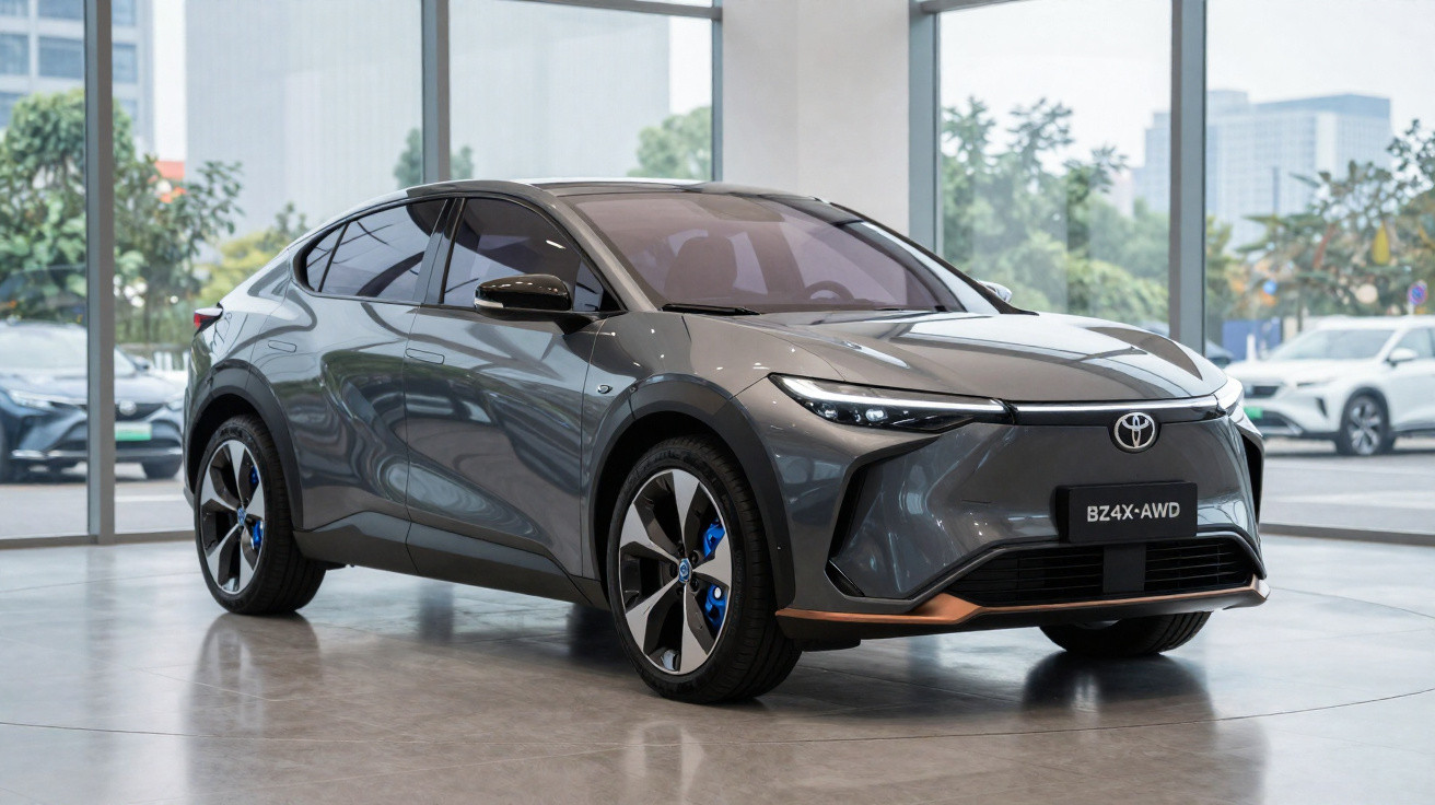 Carro elétrico Toyota BZ4X AWD cinza em showroom moderno com grandes janelas e piso de concreto.